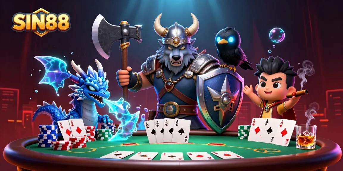 SIN88 Viking wolf warrior and dragon betting at a poker table surrounded by colorful casino elements.