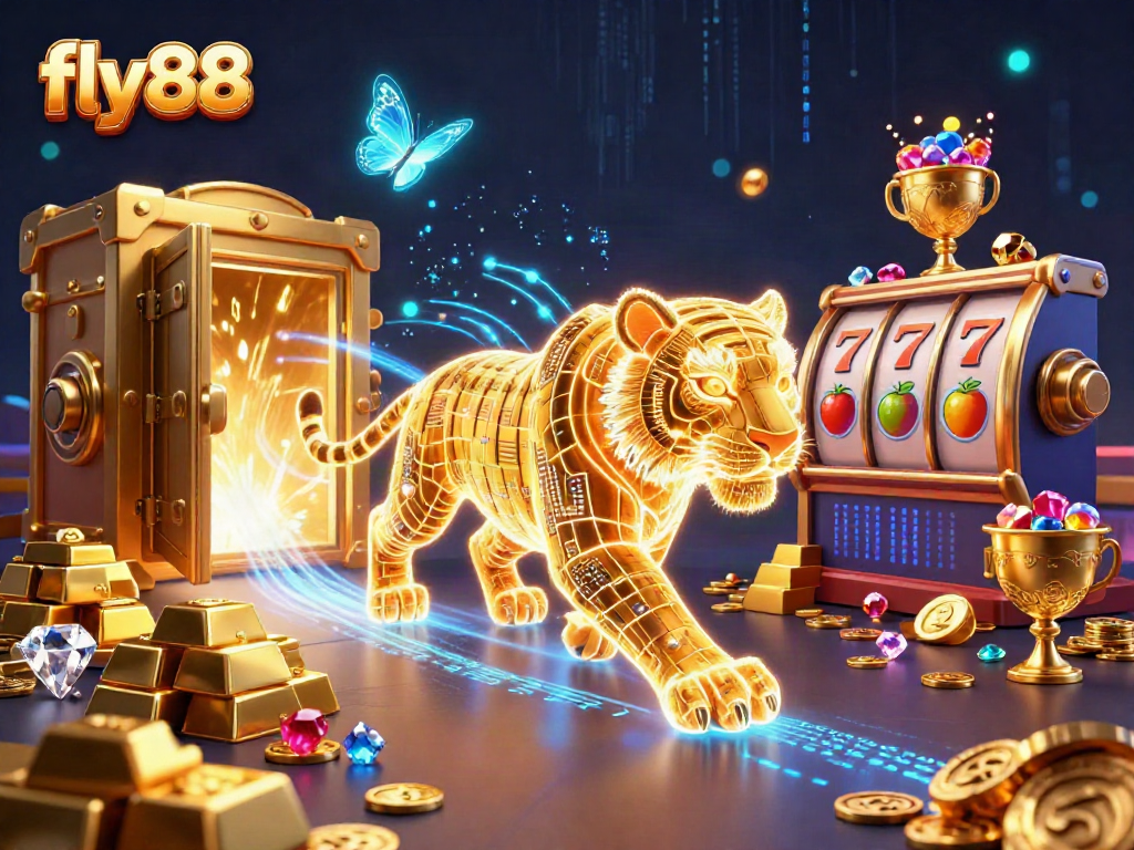 Experience thrilling gameplay in fly88's 3D casino world with neon symbols and treasures!