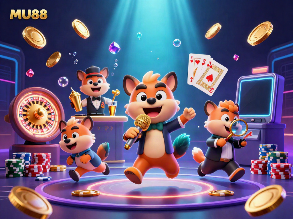 MU88 hyena characters perform comedy at a casino scene filled with dynamic casino elements and vibrant colors.