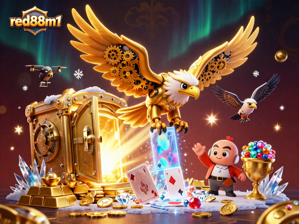 Experience the thrill of winning at red88m1 with a stunning 3D casino illustration showcasing a cybernetic eagle amidst gold treasures.