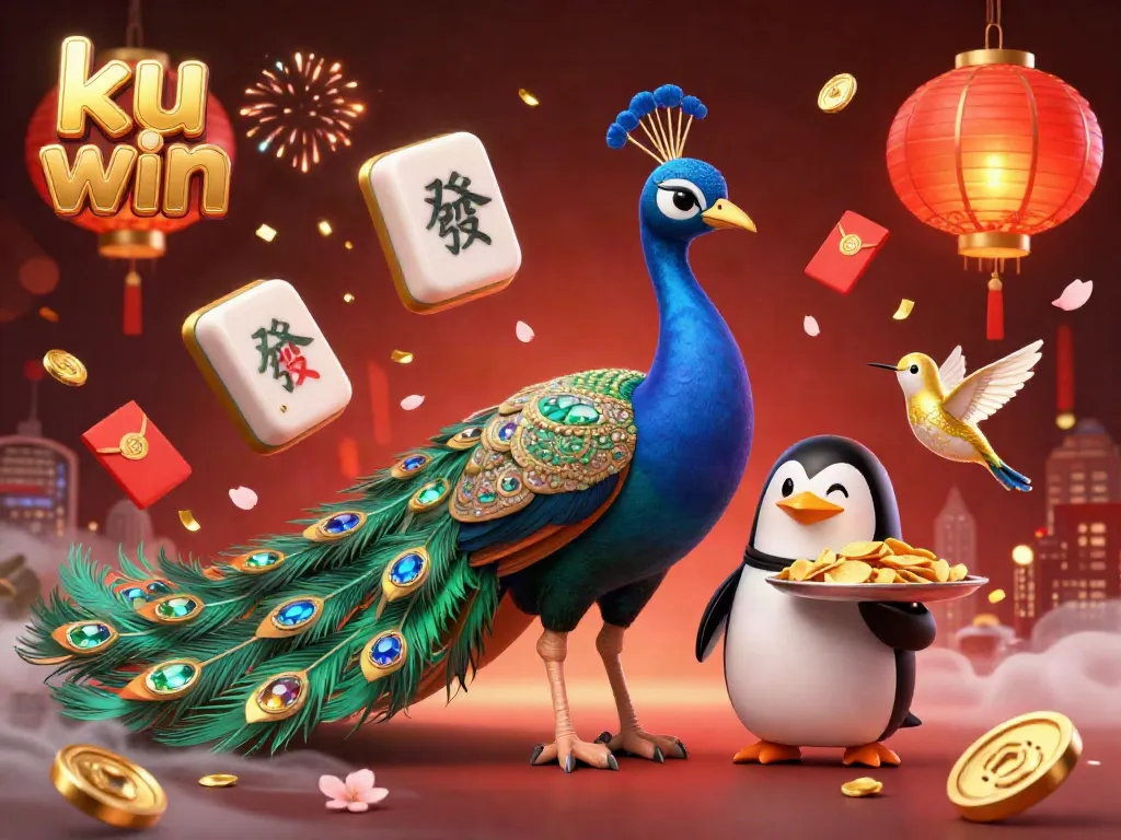 Experience the excitement of ku win with a 3D peacock and vibrant casino elements.