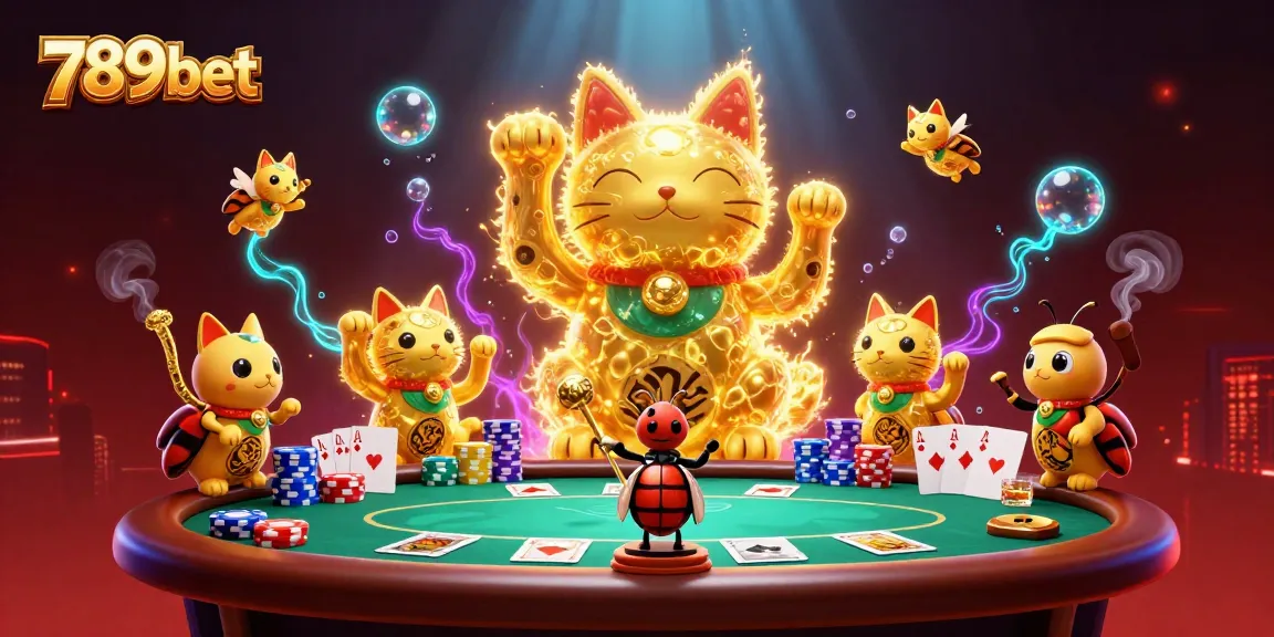 Experience dynamic luck and excitement at 789bet with a giant lucky cat and poker elements.