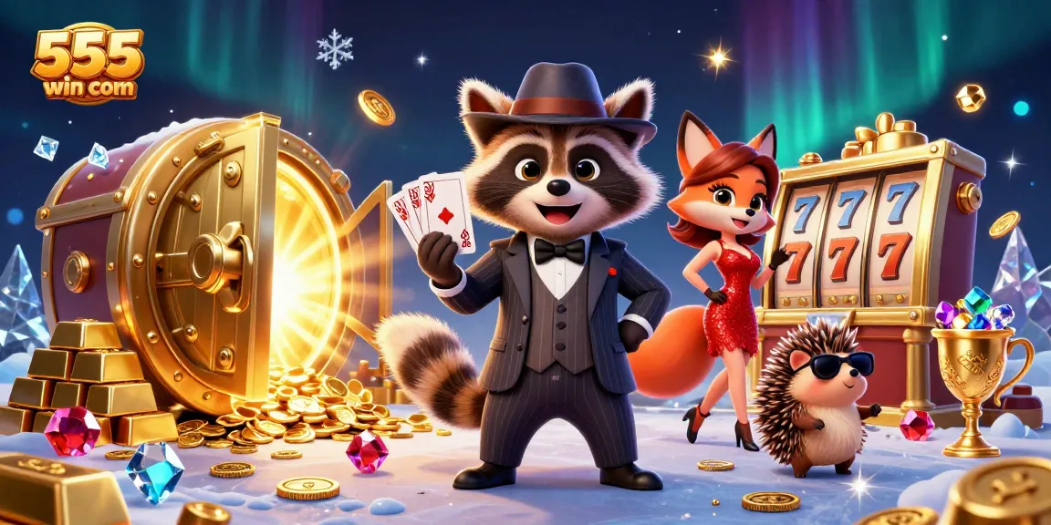 Experience excitement at 555win com with a charming scene featuring vibrant casino characters and dazzling treasures.