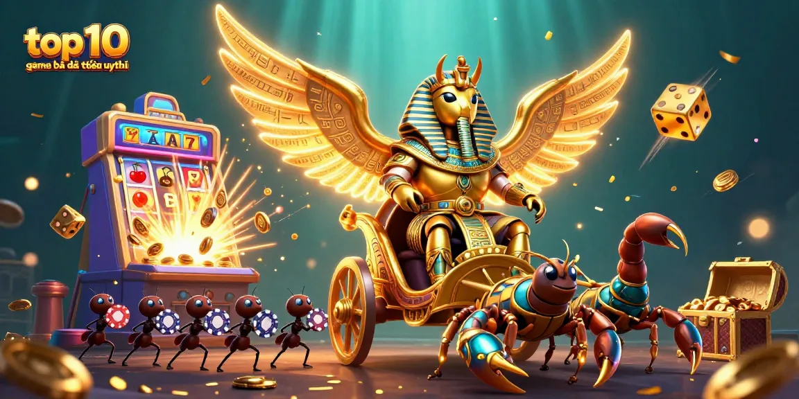 Experience top 10 game bài đổi thưởng uy tín with golden scarab, scorpions, and casino elements.