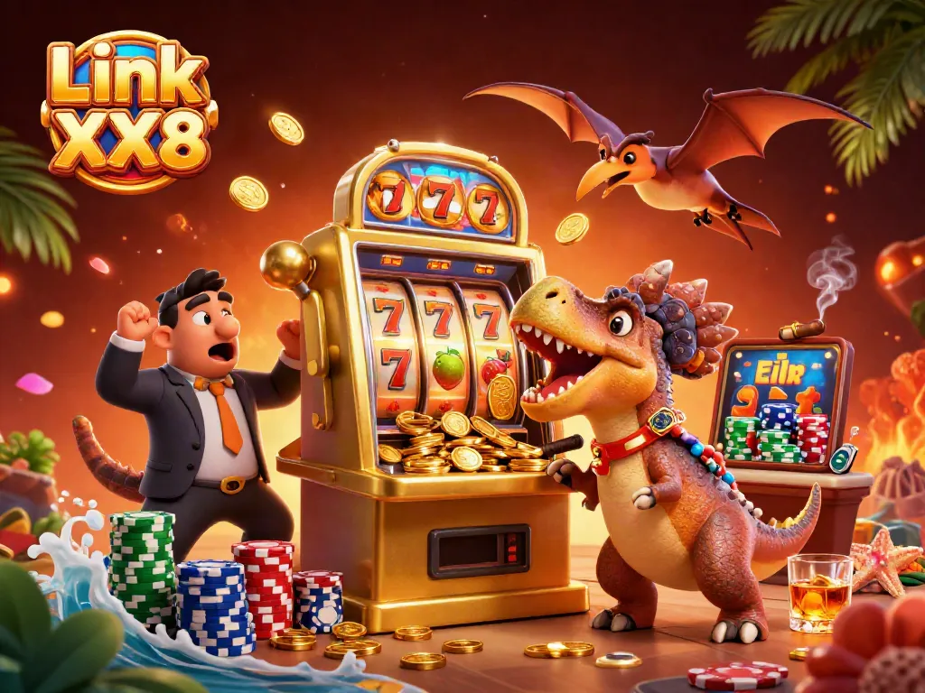 Experience the exciting Link XX8 by witnessing a 3D cartoon pachycephalosaurus winning jackpots alongside a casino manager and flying coins!