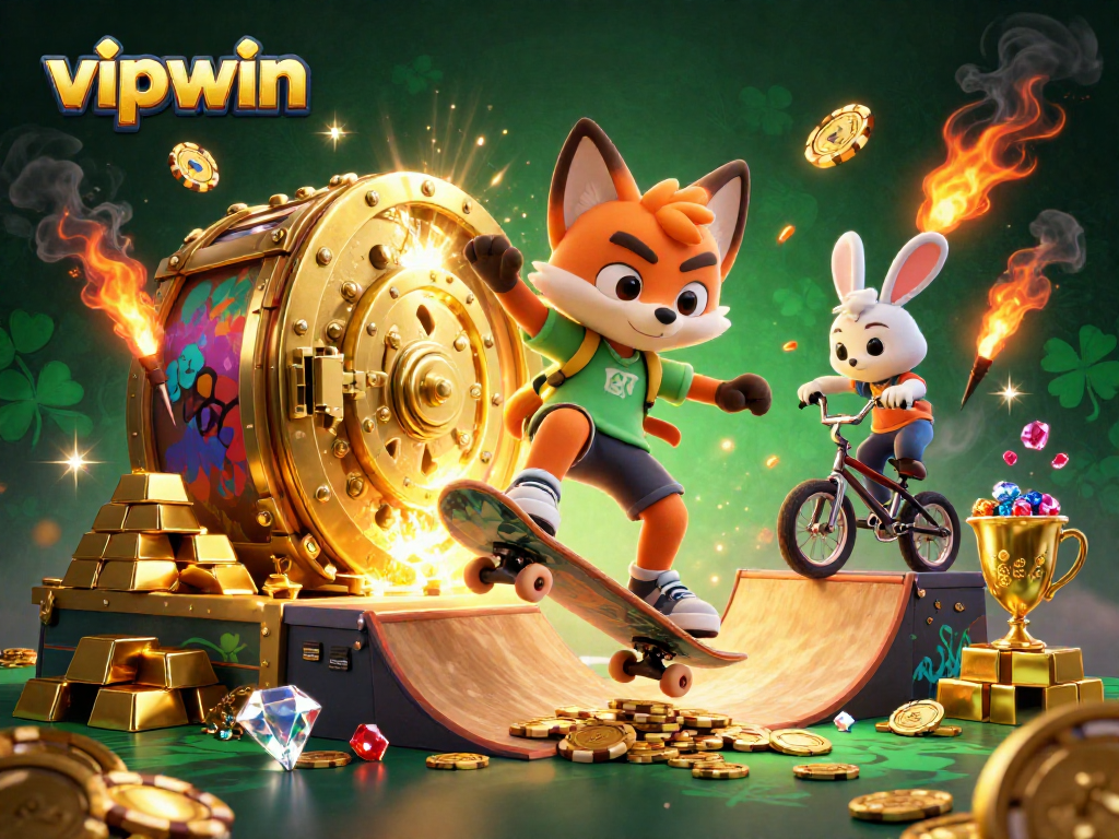 Win big at vipwin with vibrant casino-themed artwork featuring a fox and rabbit in a 3D gambling scene.