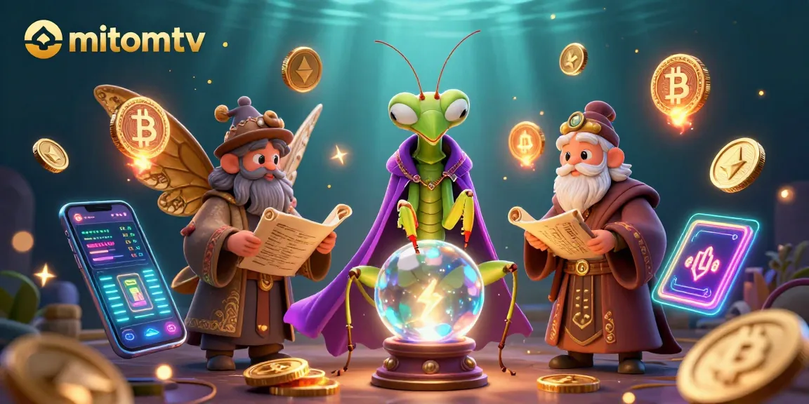 Experience excitement with mitomtv as animated characters create a vibrant gambling scene showcasing neon crypto coins.