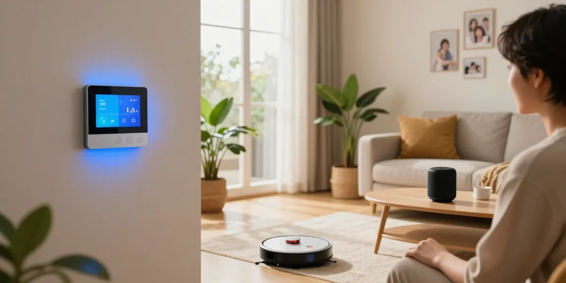 Cozy living room showcasing smart home gadgets like a thermostat, smart lights, and a robotic vacuum for modern living.