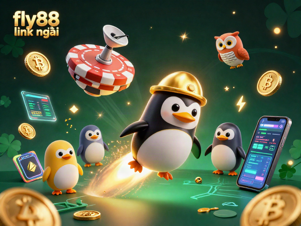 Boost your play with fly88 link mới featuring a golden penguin in a cosmic casino adventure.