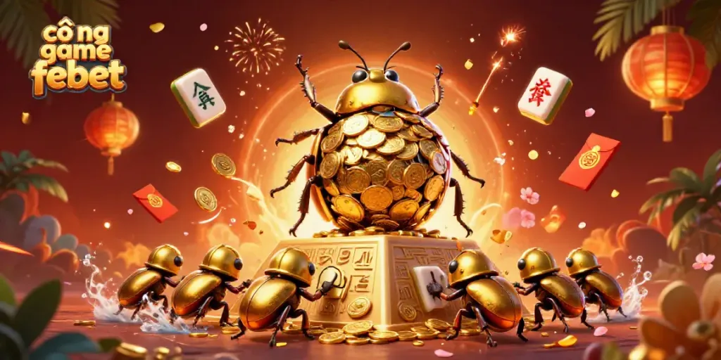 Engage with cổng game febet, a vibrant scene showcasing a golden beetle amidst casino-themed elements.