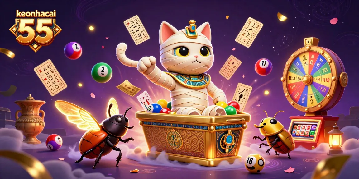 Engage with keonhacai 55 through a vibrant 3D casino scene featuring a mummy cat and dynamic elements.