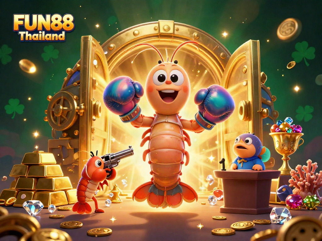 Experience the excitement of FUN88 Thailand with vibrant characters in a casino-themed illustration.