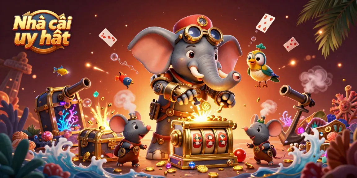 Experience the excitement at Nhà cái uy tín with a playful steampunk elephant operating a slot machine amidst colorful gaming elements.