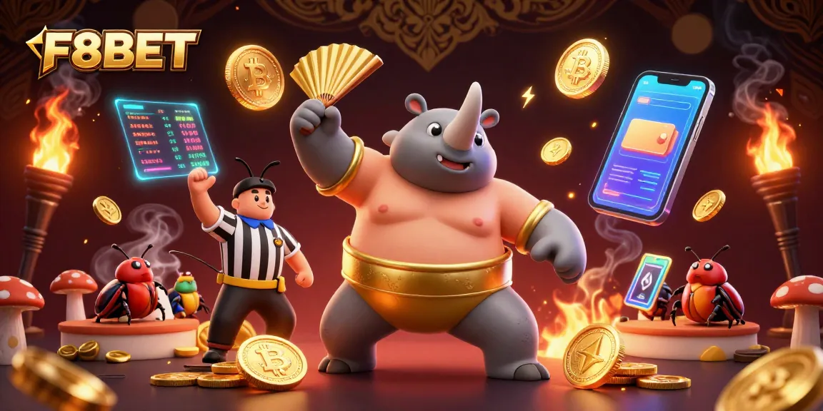 F8BET players enjoy engaging in the lively casino atmosphere with a cartoon beetle sumo champion and coins flying.