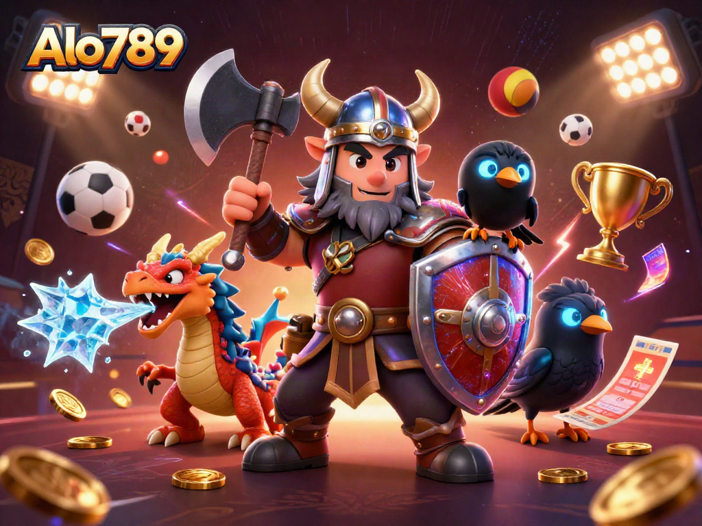 Alo789 brings excitement with a Viking warrior, fierce dragon, and sports action in a vibrant casino scene.