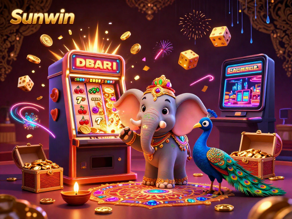 Sunwin's vibrant casino scene featuring a Diwali-themed elephant and peacock amidst bursting slot machine jackpots.