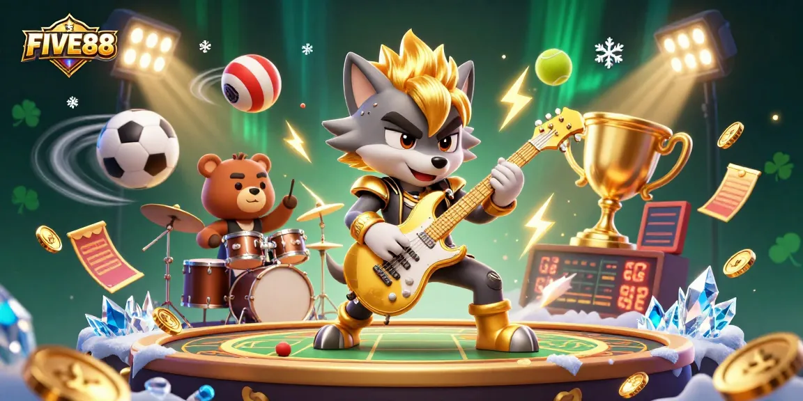Experience the excitement of FIVE88 casino with a vibrant 3D scene showcasing thrilling games and dynamic characters.