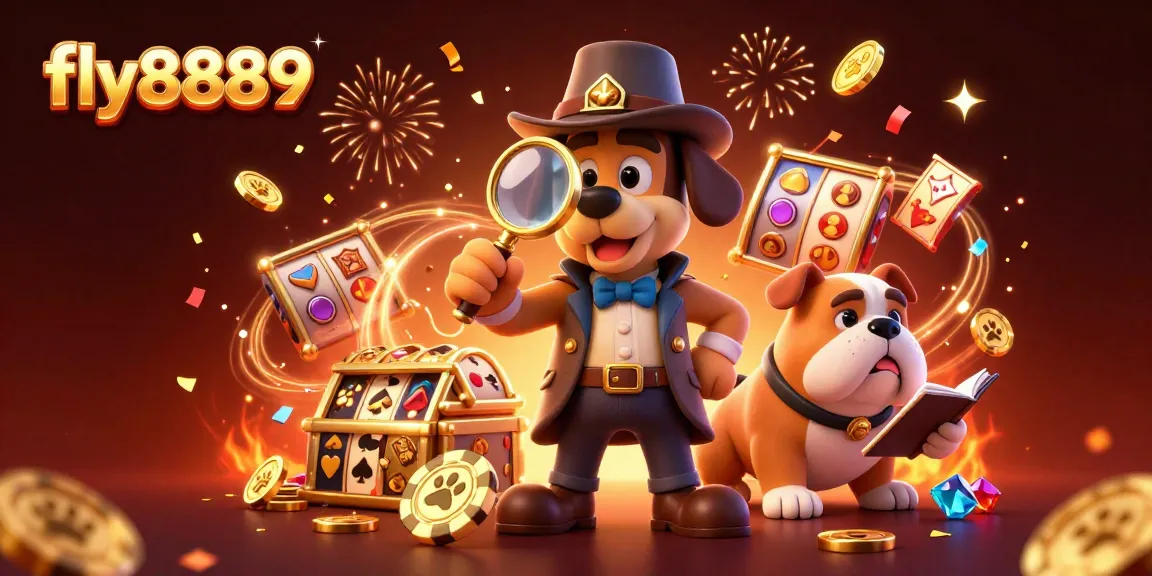 Uncover treasure with fly8889's detective duo amidst vibrant casino elements like slot reels.