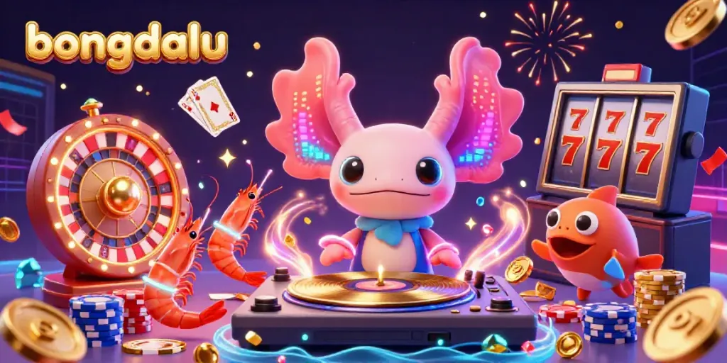 Bongdalu platform showcases a vibrant 3D scene with an axolotl DJ and animated characters celebrating wins in an underwater casino.