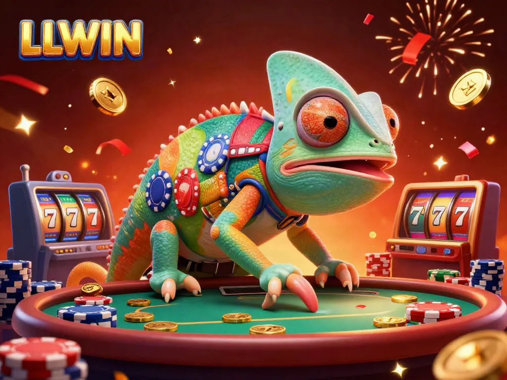 Experience thrilling gameplay at LLWIN with a colorful chameleon casino owner and dynamic slot elements.