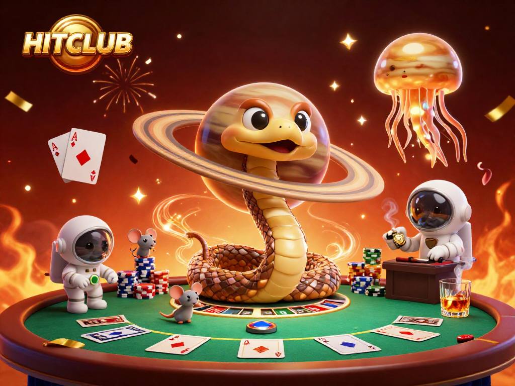 Engage in thrilling gameplay at HITCLUB's casino scene with vibrant elements and charismatic characters.
