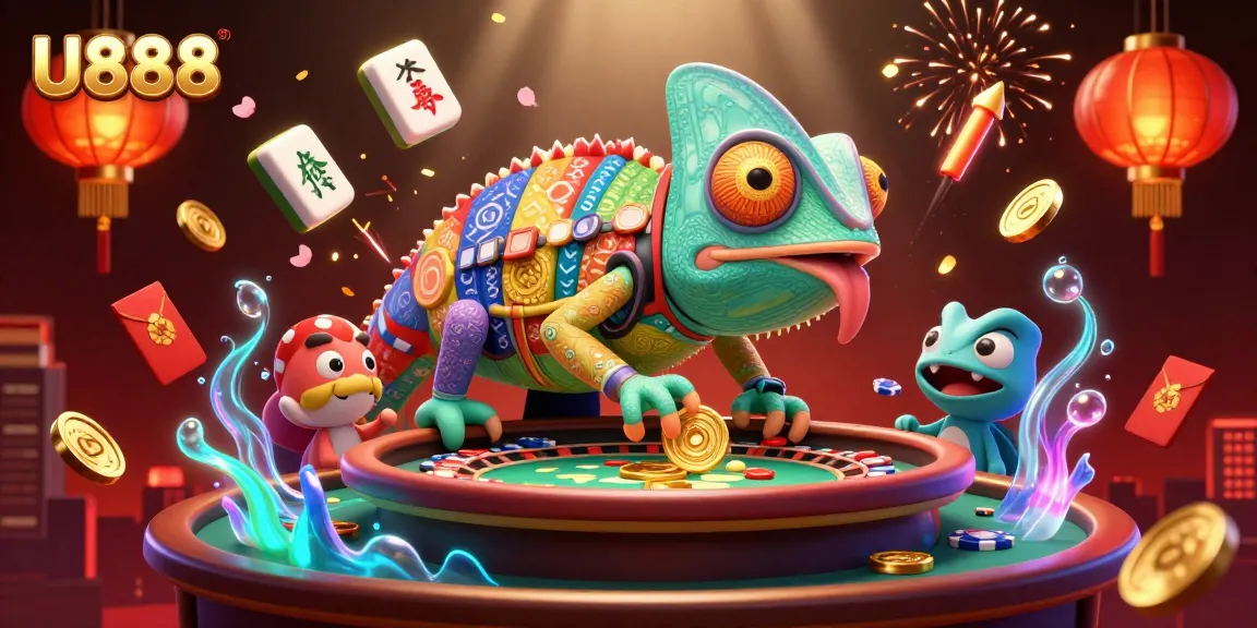Engage with U888's lively casino atmosphere, where a colorful chameleon owner attracts lucky coins.