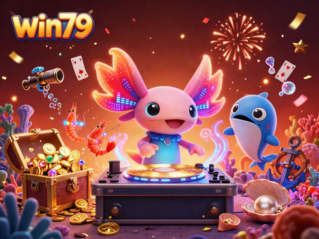 Experience the excitement of win79 as a neon axolotl DJ spins vinyl, surrounded by glowing underwater elements.