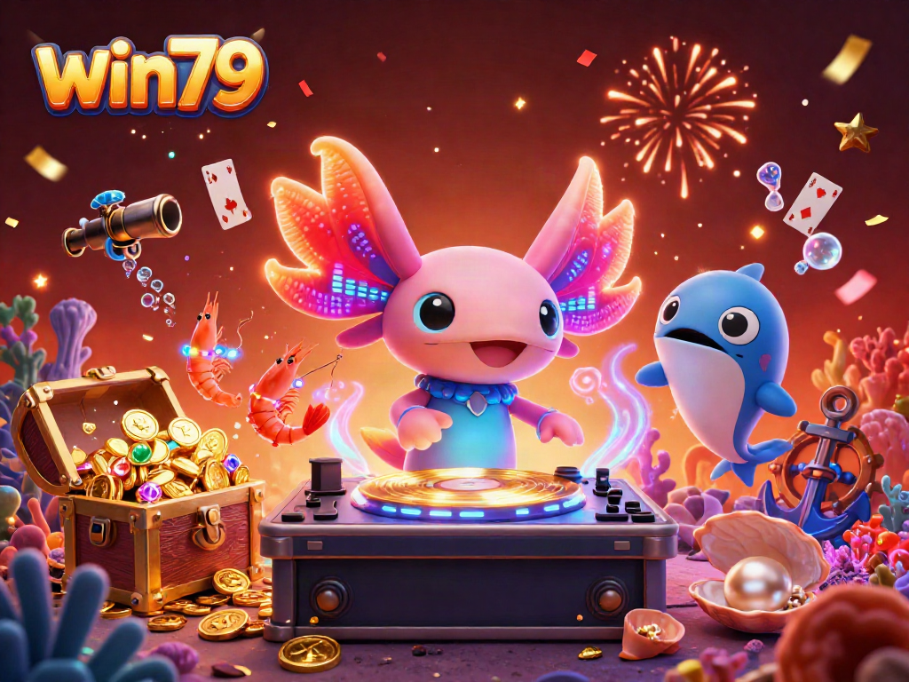 Experience the excitement of win79 as a neon axolotl DJ spins vinyl, surrounded by glowing underwater elements.