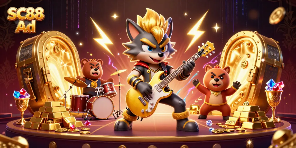 Engage with SC88 Ad featuring a rock star wolf and a drummer bear on a vibrant casino stage.