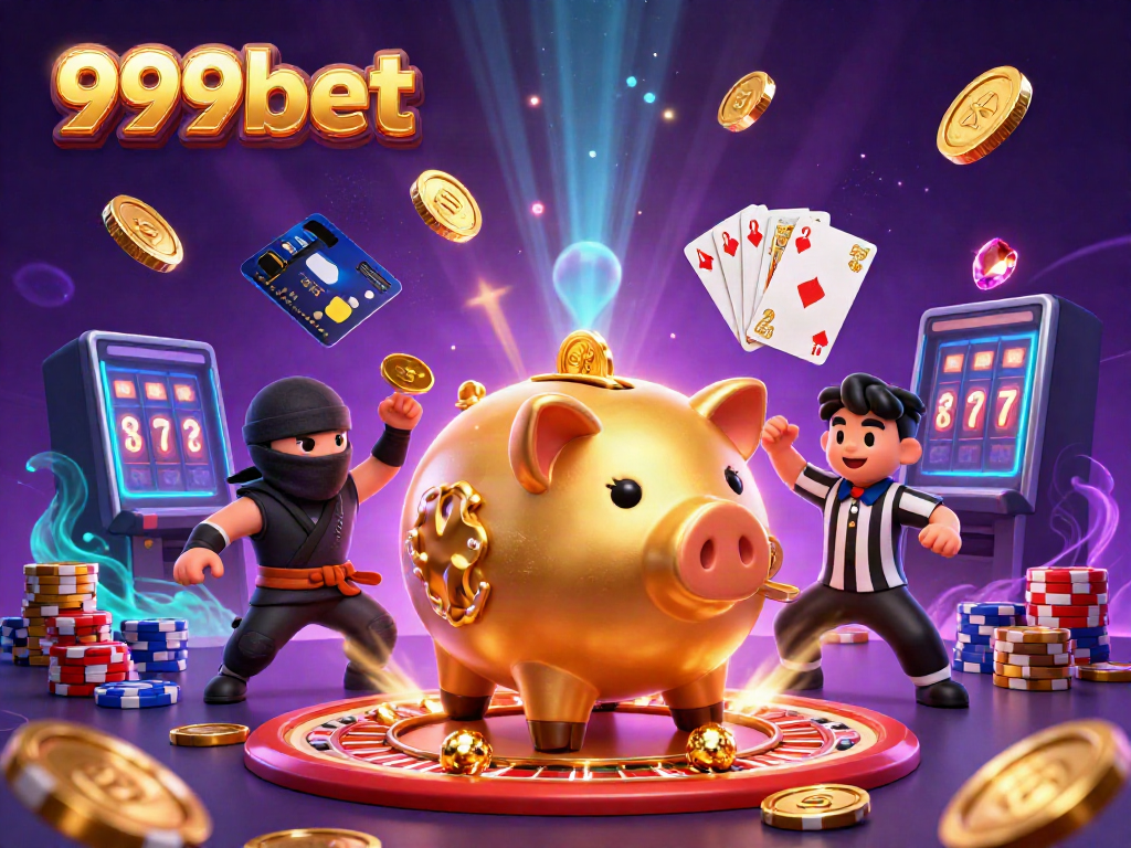 Experience thrilling games with 999bet's vibrant casino illustration featuring dynamic elements and characters.