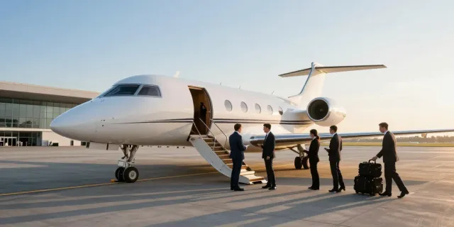 Luxury private jet rental Amsterdam at Schiphol Airport with professionals discussing itineraries.