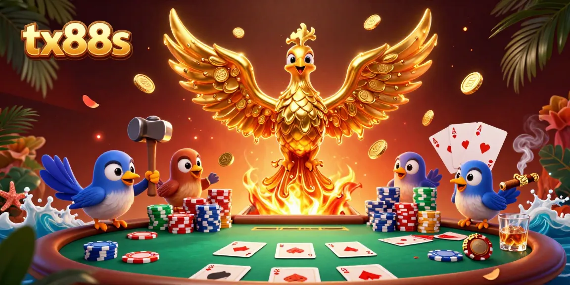 tx88s showcases a molten gold phoenix and poker elements amidst casino excitement