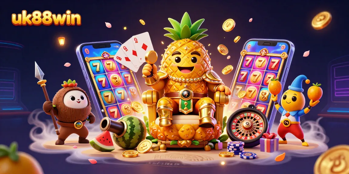 Spin vibrant slot games and win with uk88win's dazzling casino scene featuring a golden pineapple king.