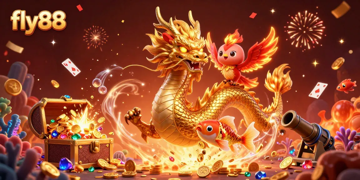 Experience the thrill of fly88 with a golden dragon, phoenix, and koi fish among treasure.