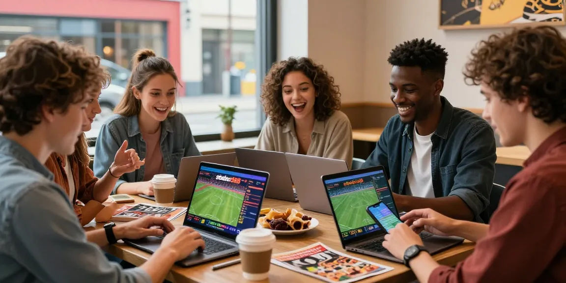 Pengguna sbobet88 mendiskusikan taruhan olahraga di kafe dengan laptop dan smartphone.