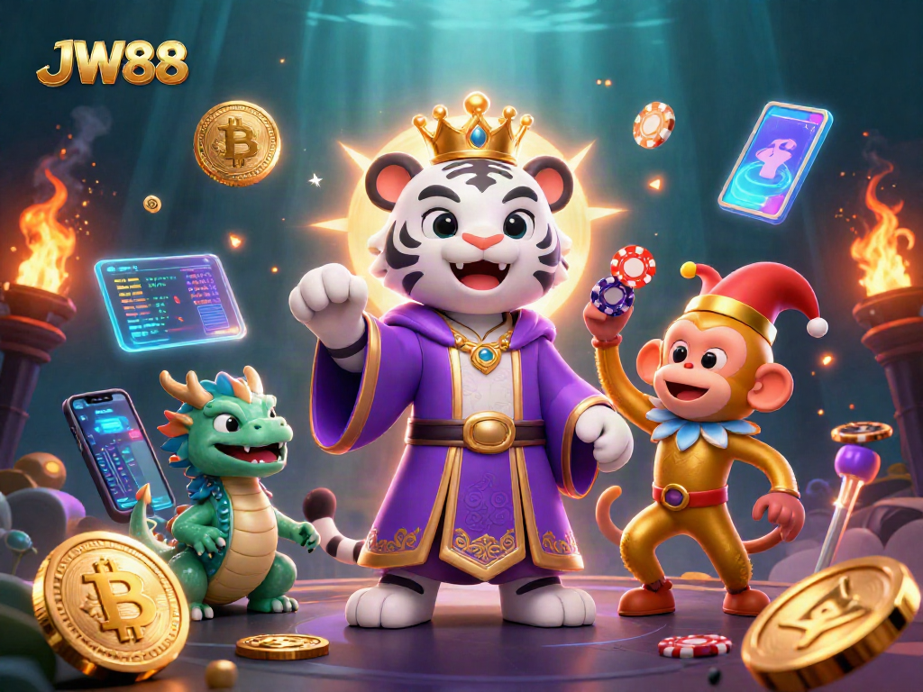 Engage with JW88's vibrant casino scene featuring a playful monkey, tiger, and digital currency elements.
