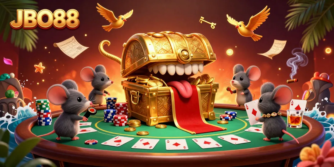 Experience the thrill of JBO88 with a dynamic treasure chest scene, showcasing vibrant casino elements and adventure.