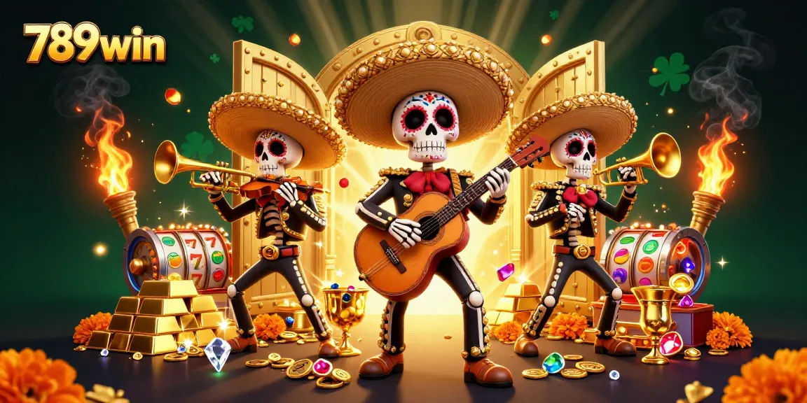 Experience the thrill of 789win with a vibrant Day of the Dead mariachi band in an exhilarating casino scene.