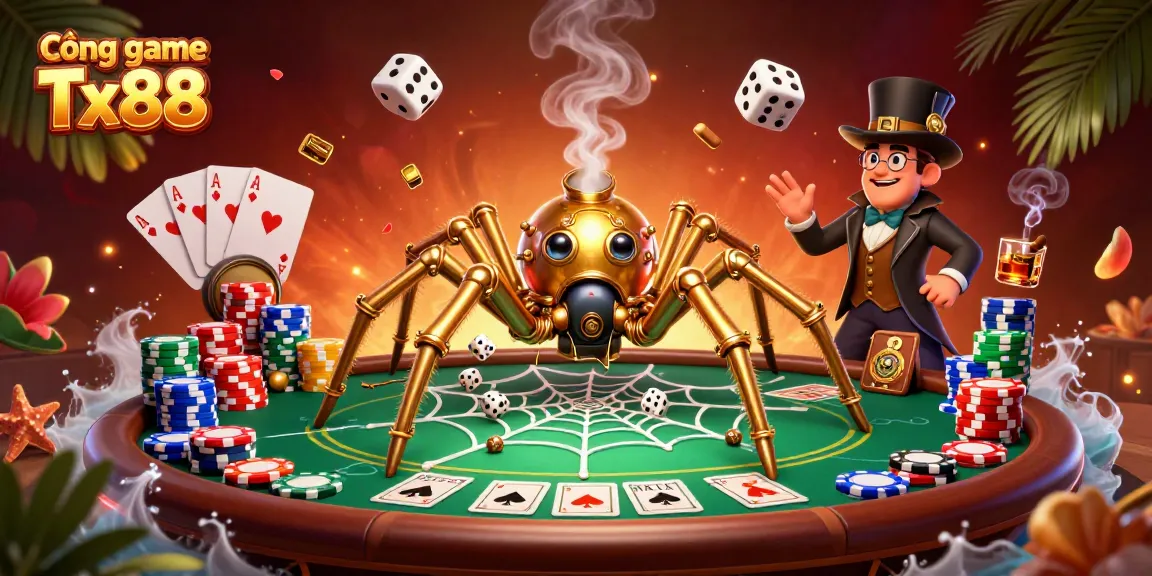 Cổng game Tx88 showcases a vibrant 3D steampunk scene with a spider and poker elements catching a winning atmosphere.