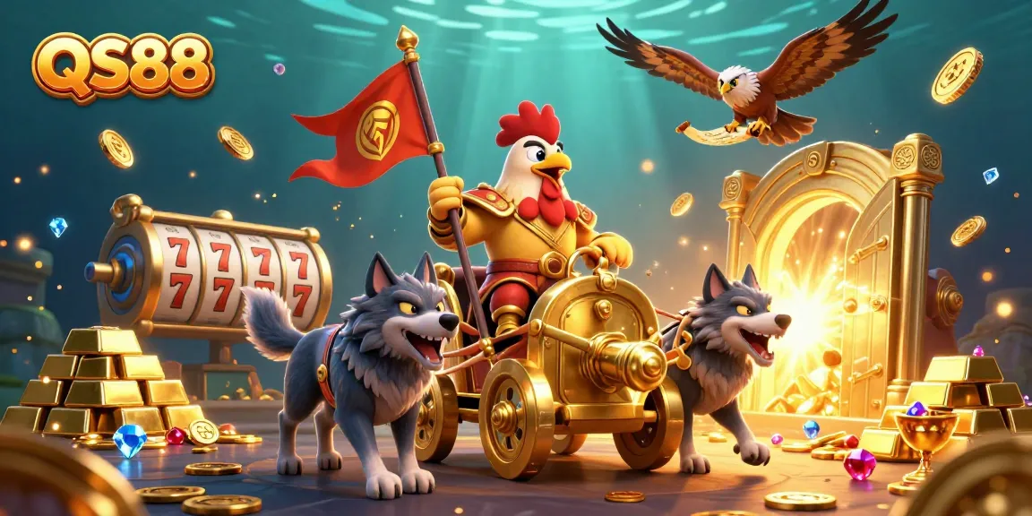 Engage in thrilling gambling action with QS88 featuring a rooster warlord and treasures galore.