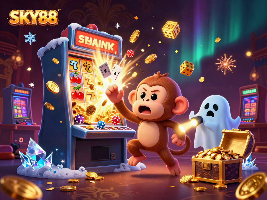 SKY88 showcases a lively casino scene with playful characters and vibrant dynamics.