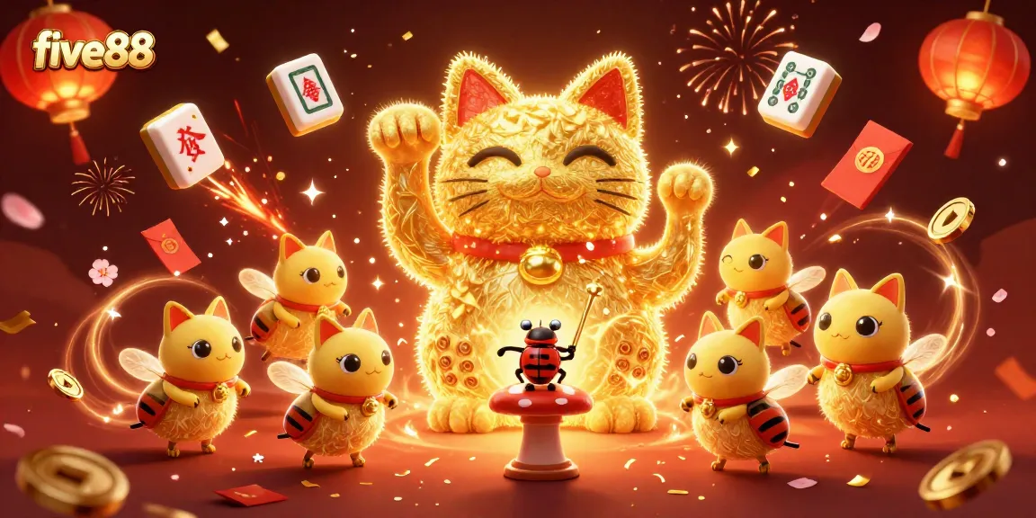 Experience excitement with five88 as golden fireflies create a giant lucky cat in a vibrant casino scene.