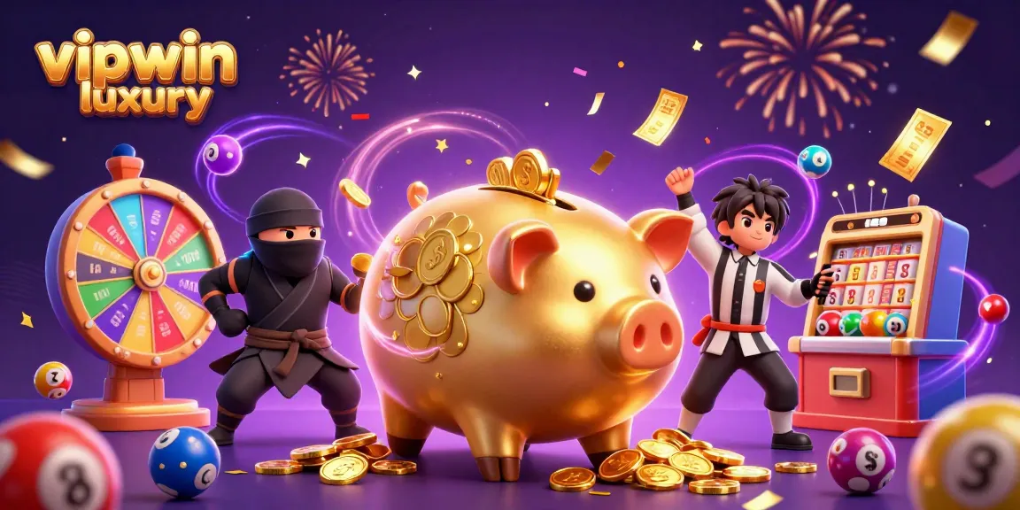 Join the excitement of vipwin luxury with a vibrant illustration showcasing dynamic casino action, including prizes.