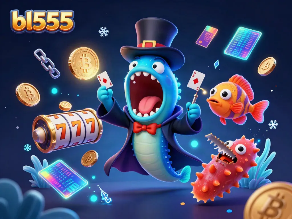 Engage with bl555's vibrant 3D illustration featuring a performing gulper eel and neon crypto elements.