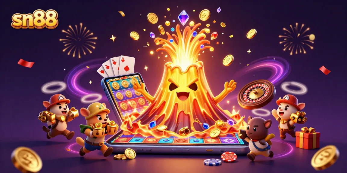 Experience the thrill of sn88 with a cartoon volcano erupting treasures amidst casino games.