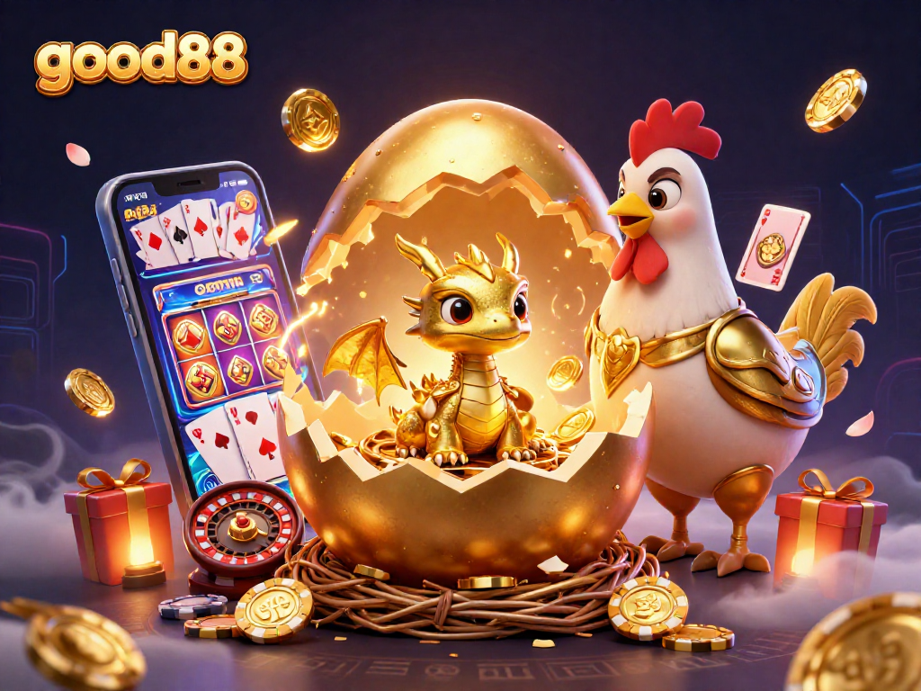 Experience the excitement of good88 casino with a golden dragon and casino elements amidst vibrant cherry blossom petals.