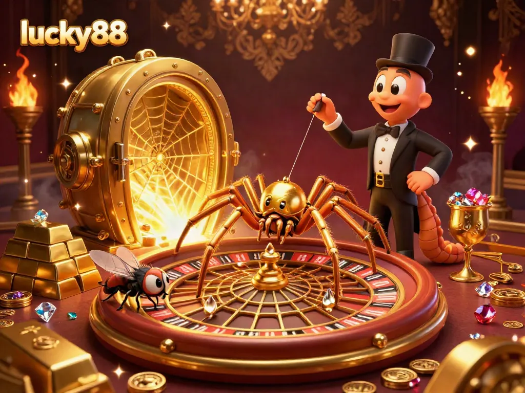 Experience thrilling bets with lucky88 in this vibrant casino illustration featuring spider croupiers and treasure.