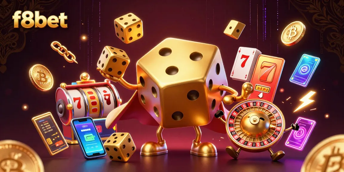 Join the action at f8bet with a vibrant casino scene showcasing a golden dice golem and better gaming elements.