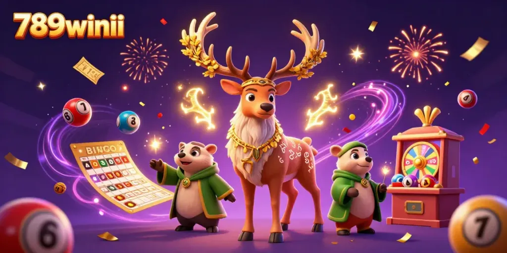 Win big with 789winii as colorful balls and casino elements swirl around magical characters.