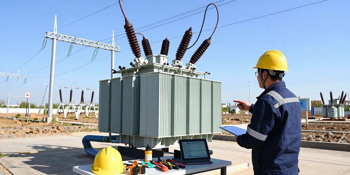 Inspectie van een 36 kV transformator door een ingenieur op een industriële locatie.